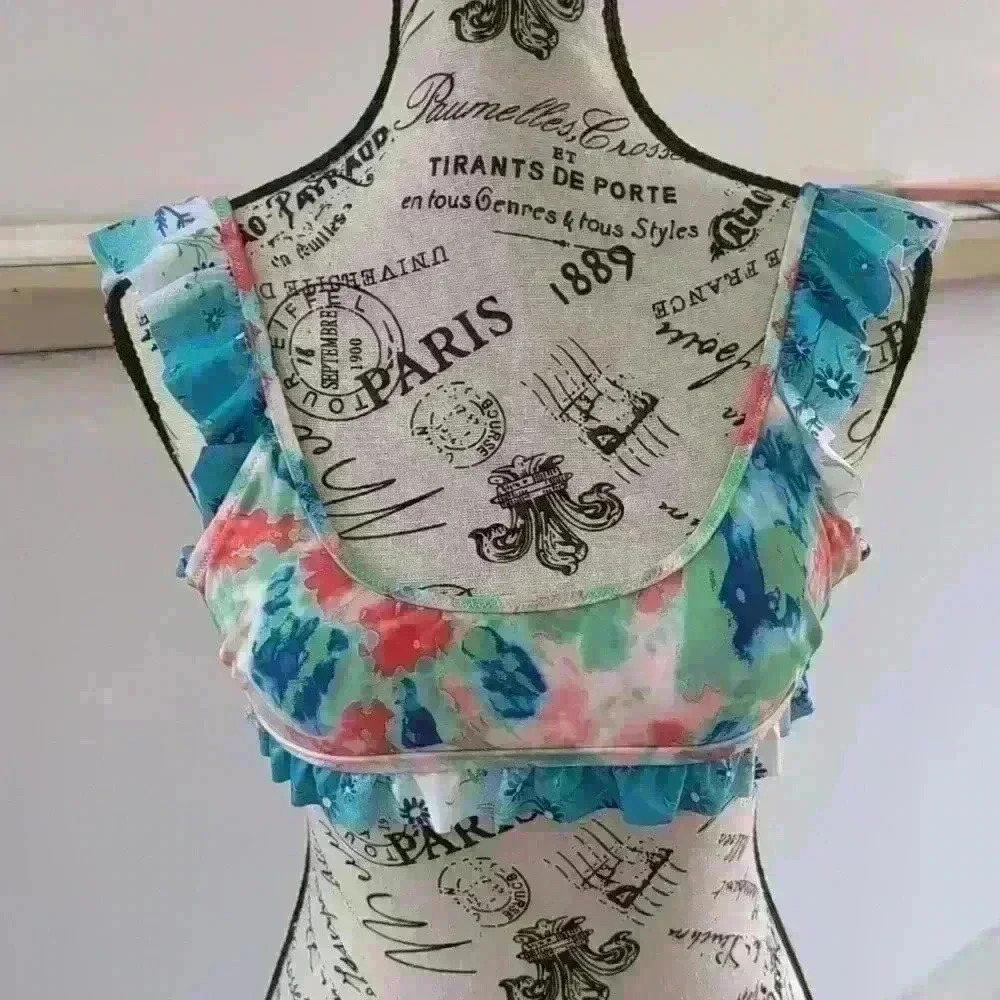 AERIE | Women's Tie  Dye Floral Scoop Neck Ruffled Bikini Top